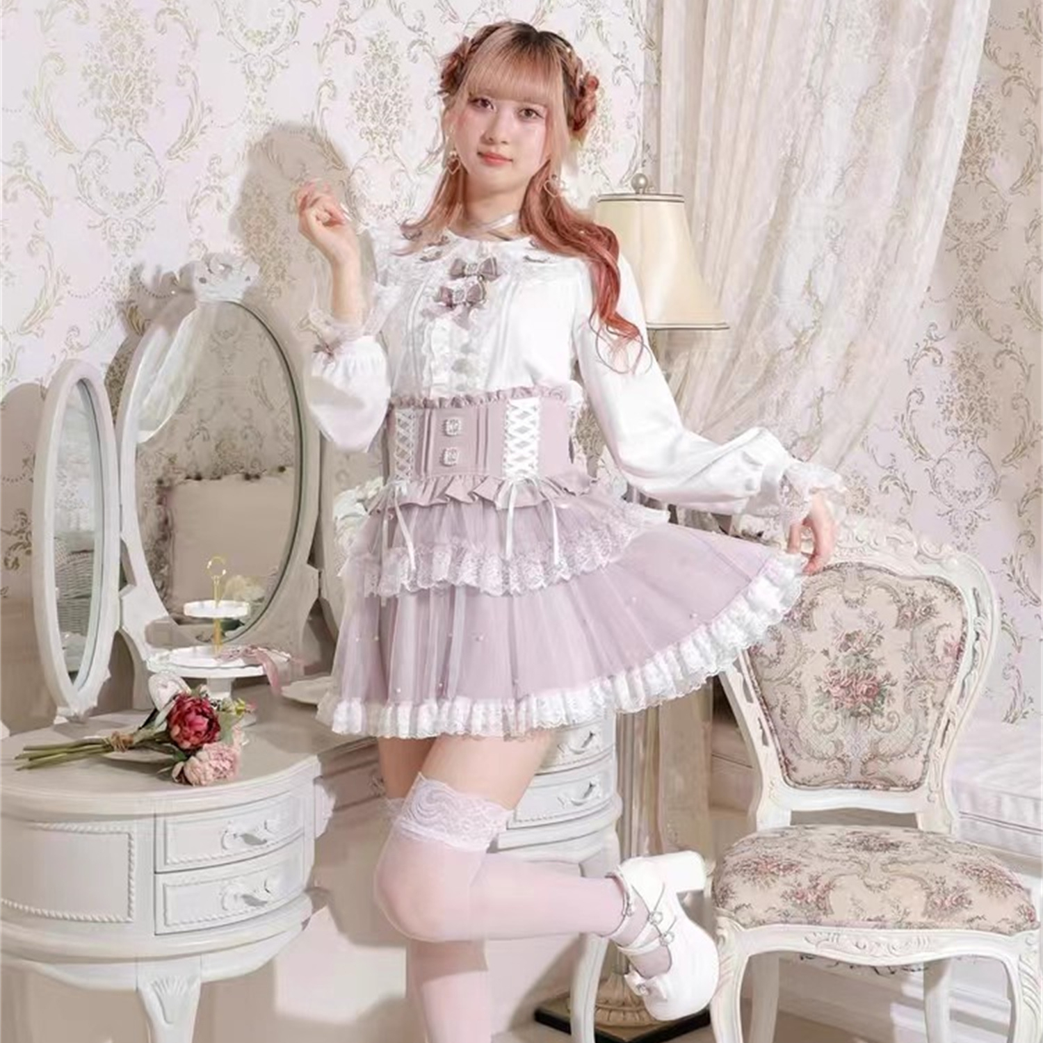 日单蕾系量产型noemie糯米蕾服蕾丝甜美脖子系绳蝴蝶结日系衬衫