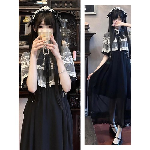 日本原单lizlisa蕾服甜美蝴蝶结斗篷连衣裙女春秋千金感蕾丝拼接