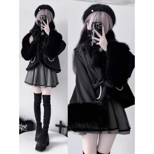 日单蕾系量产型日系liz风格毛茸茸蝴蝶结雪花围脖外套保暖披风