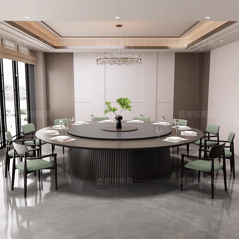 新中式酒店电动餐桌大圆桌带转z盘岩板商用餐厅圆餐桌家用实木桌
