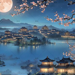 春卷轴画名过道挂画月夜花国画装饰画江玄关客厅家新中式寓意壁画