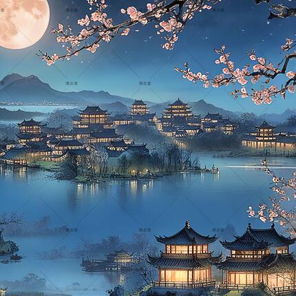 春卷轴画名过道挂画月夜花国画装饰画江玄关客厅家新中式寓意壁画