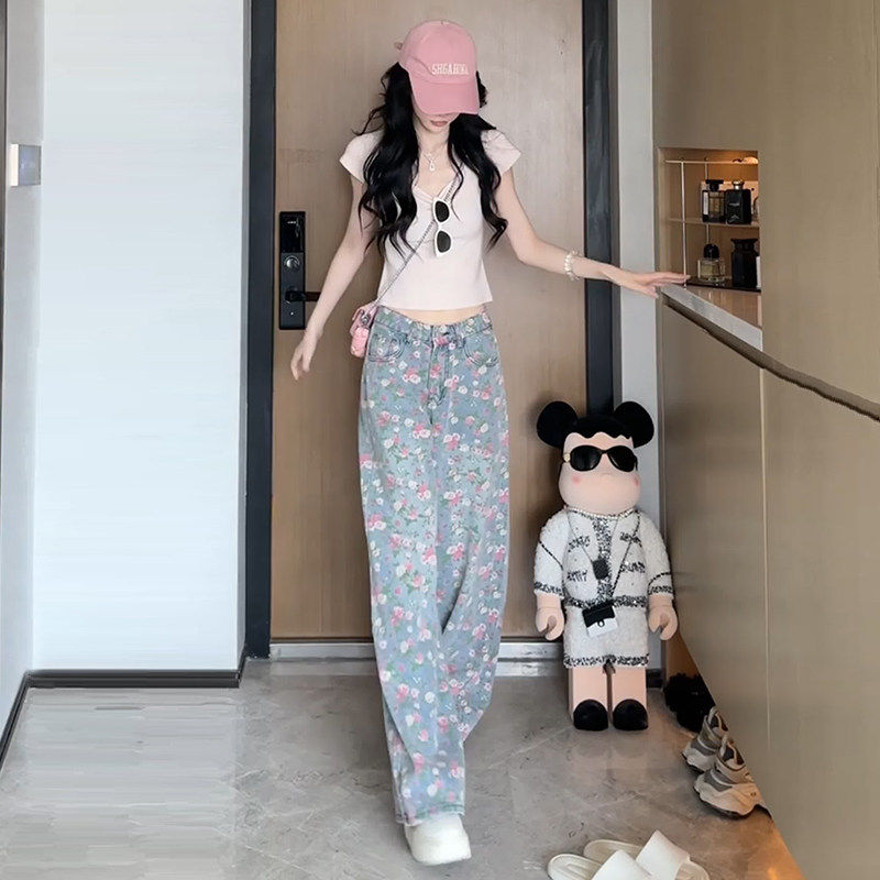 超火巨好看的多巴胺休闲运动套装女夏季炸街减龄花牛仔裤两件套潮