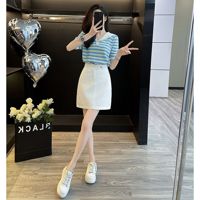 小香风盐系穿搭休闲牛仔套装裙女夏减龄时尚小个子半身短裙两件套
