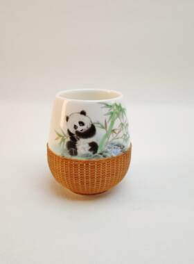 竹编熊猫杯高端茶具商务礼品定制独特手工艺礼品四川特色送外宾