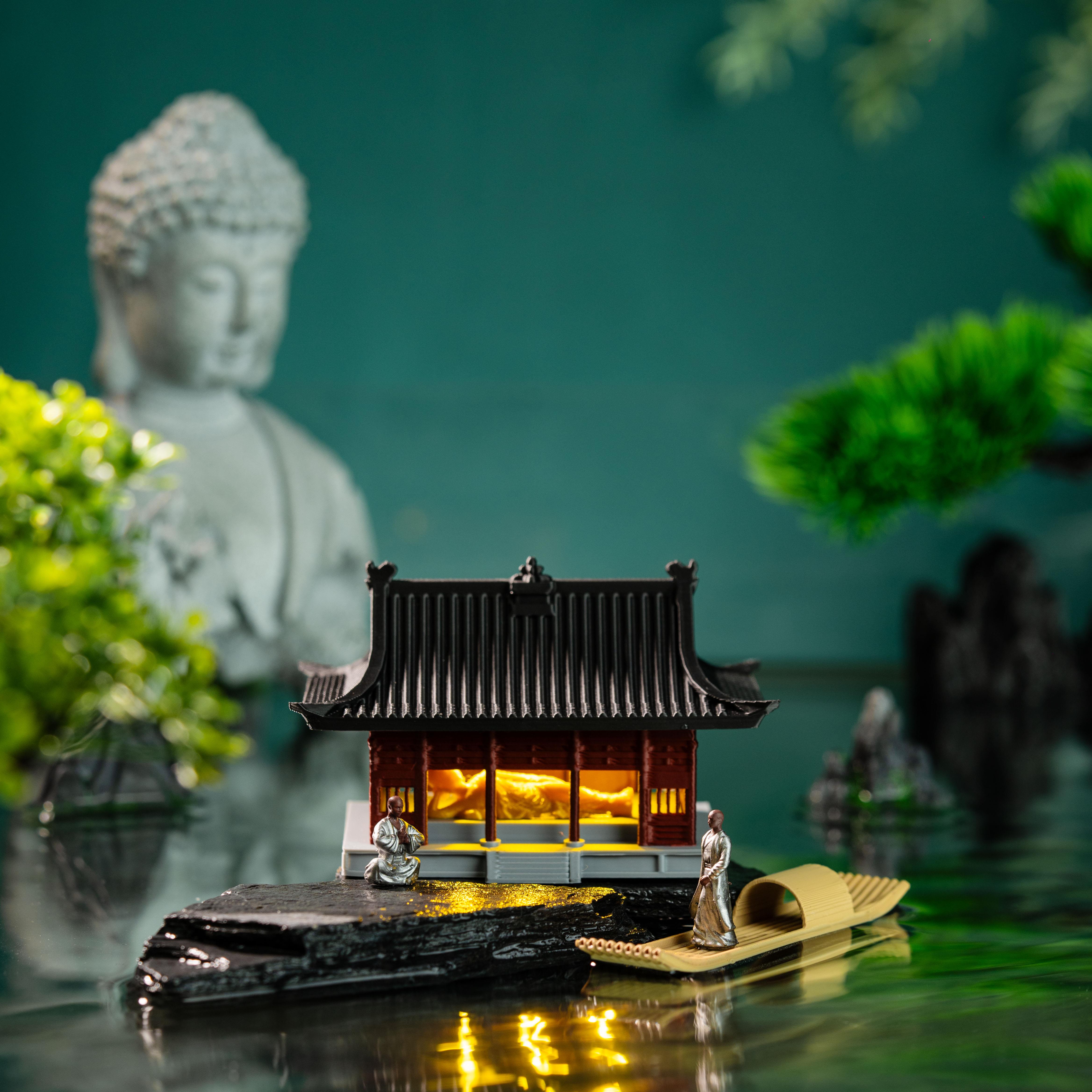 微景观中式古风建筑卧佛殿佛像带灯水陆缸鱼缸假山盆景装饰摆饰