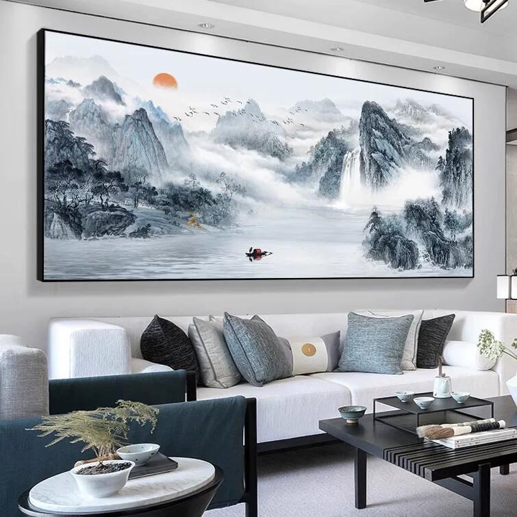 新中式山水画客厅挂画背景墙装饰画中堂壁画风景画国画办公室字画