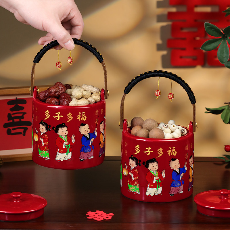结婚子孙桶一对女方陪嫁妆用品大全娘家婚庆红色喜桶宝桶装饰摆件