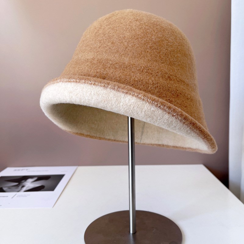 美利奴羊毛针织帽k子女冬季保暖渔夫帽撞色翘边盆帽奢品赫本风桶