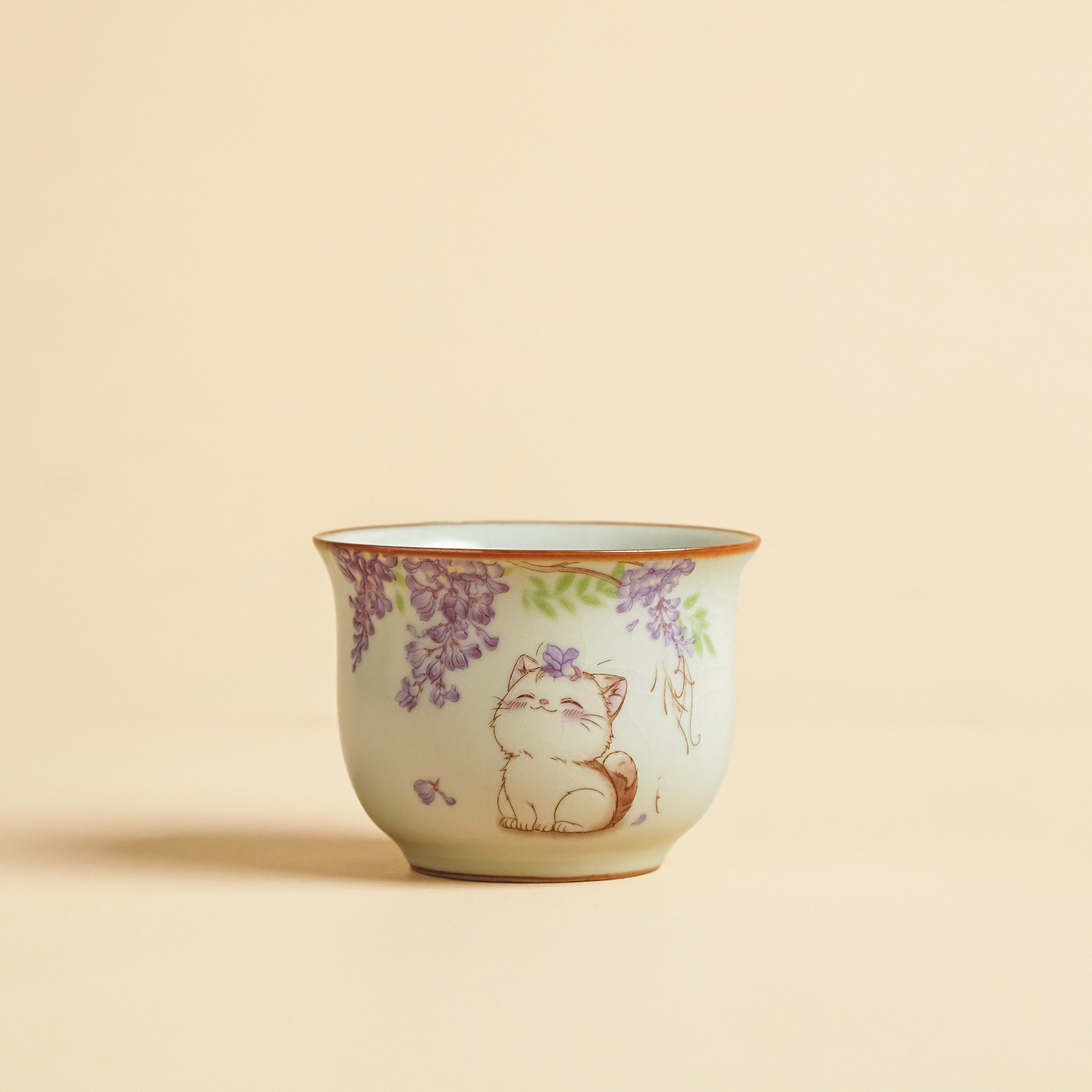 米黄汝窑紫藤猫咪茶杯女士茶杯