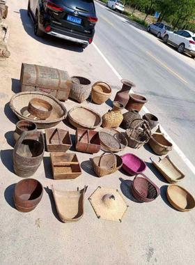 民俗老物件竹编篮子木筐提筐木桶斗笠簸箕怀旧复古传统工艺品摆件