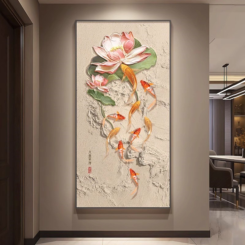 《九鱼报福》纯手绘九鱼图玄关装饰画大芬村油画走廊过道肌理挂画图片