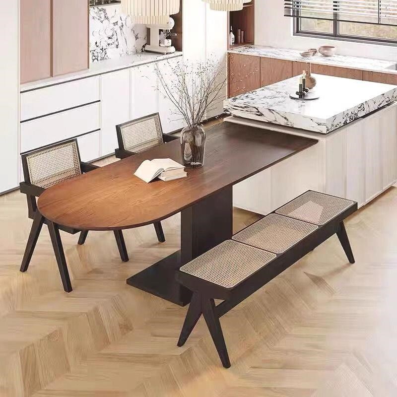 法式复古深胡桃实木餐桌椭圆靠墙家用小户型客厅饭桌古风岛台一体