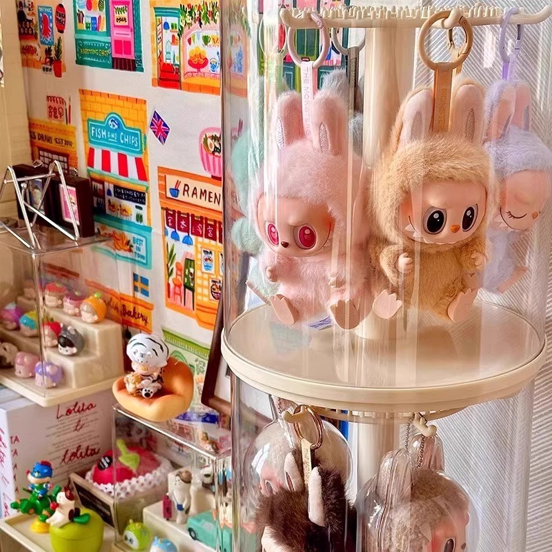 旋转透明拉布展示盒防尘毛绒公仔玩偶手办布挂件盲盒收纳箱展示架
