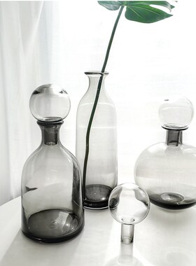 北欧蓝色灰色带盖玻璃瓶摆件花瓶样板房简约家居创意装饰绿色花器