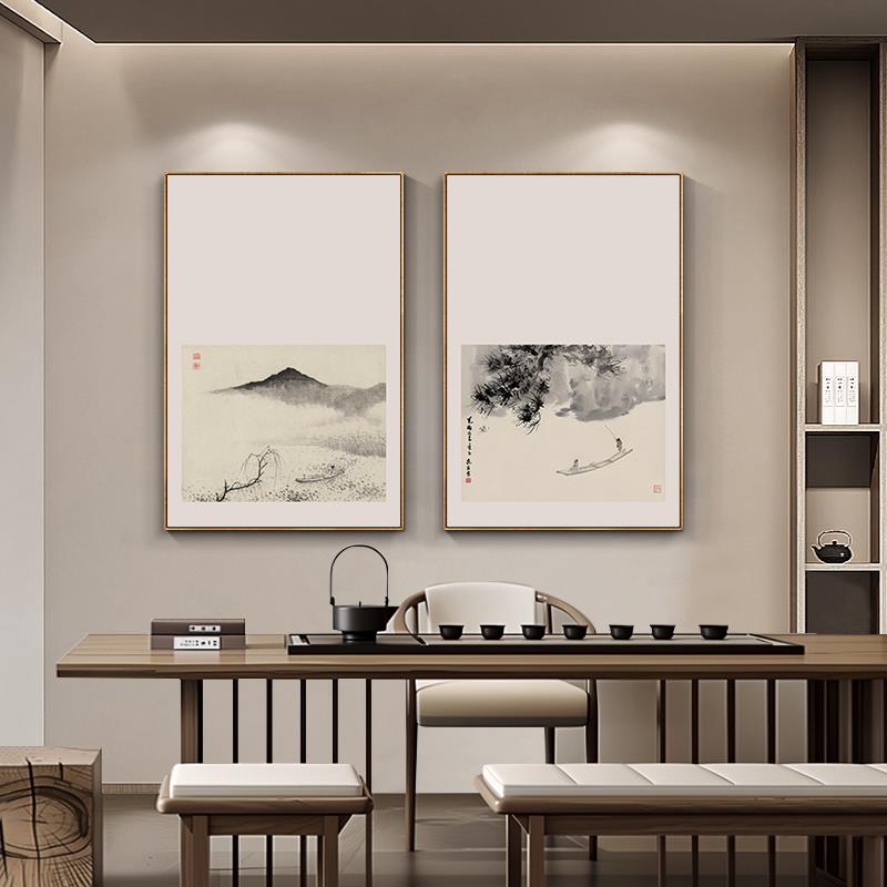 新中式名家山水装饰画茶室竖版禅意水墨挂画书房客厅古风壁画带框