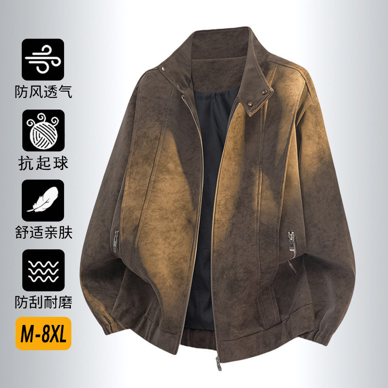 M-8XL大码夹克男PU皮衣男麂皮绒胖子装立领外套男宽松潮牌韩版轻