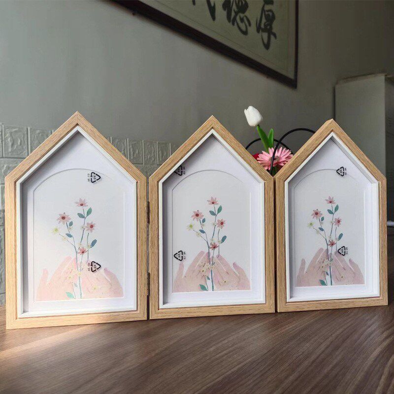 创意三联木质相框房子造型连体框相片框6寸7寸摆台双面折叠相架