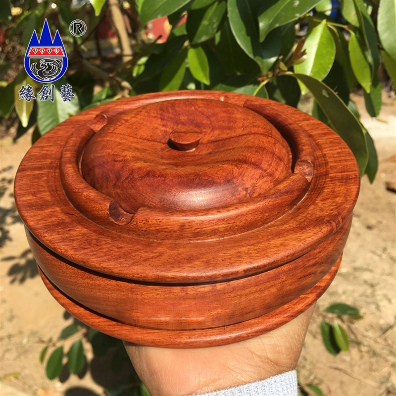 红木防飞灰烟灰缸缅甸花梨原木带盖子整实木质家用加厚烟灰缸摆件