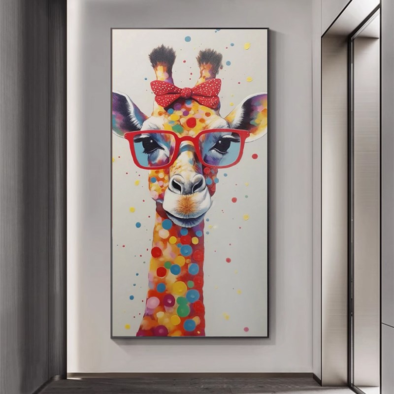手绘油画动物长颈鹿儿童房书房时尚玄关装饰画走廊过道尽头挂画图片