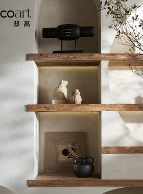 邸高 展厅空间设计原木风墙上横板展示架装饰品摆件 软装家具搭配