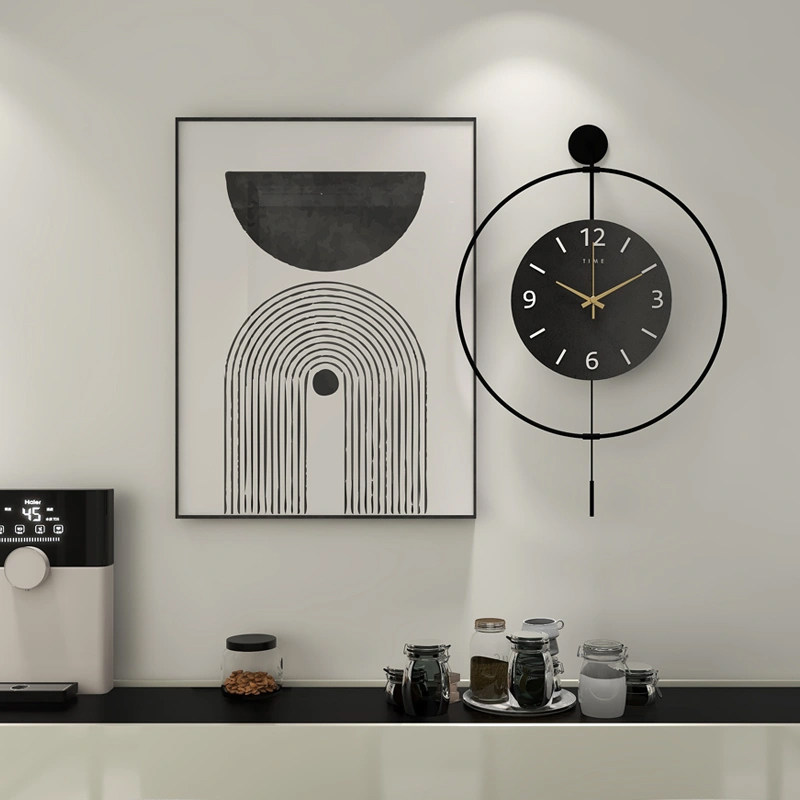 现代餐厅装饰画挂画高档高级感黑白挂钟带钟表客厅餐桌饭厅的壁画