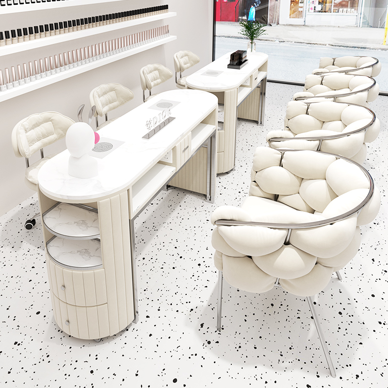 中闽芸尚不锈钢美甲桌椅套装组合奶油风内嵌吸尘器美甲台不会漏灰