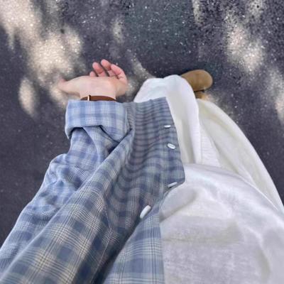 2025新款新款美式复古蓝色格子衬衫女夏季韩系宽松慵懒上衣薄款防