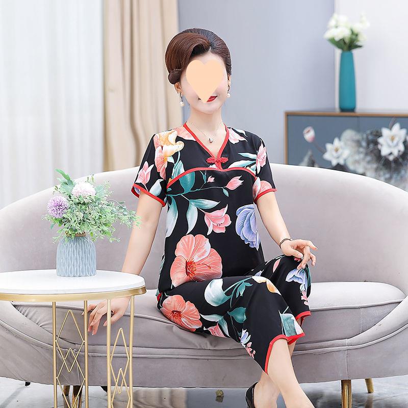 2025新款夏季绵绸外穿睡衣女复古中国风女新中式汉服妈妈款棉绸家
