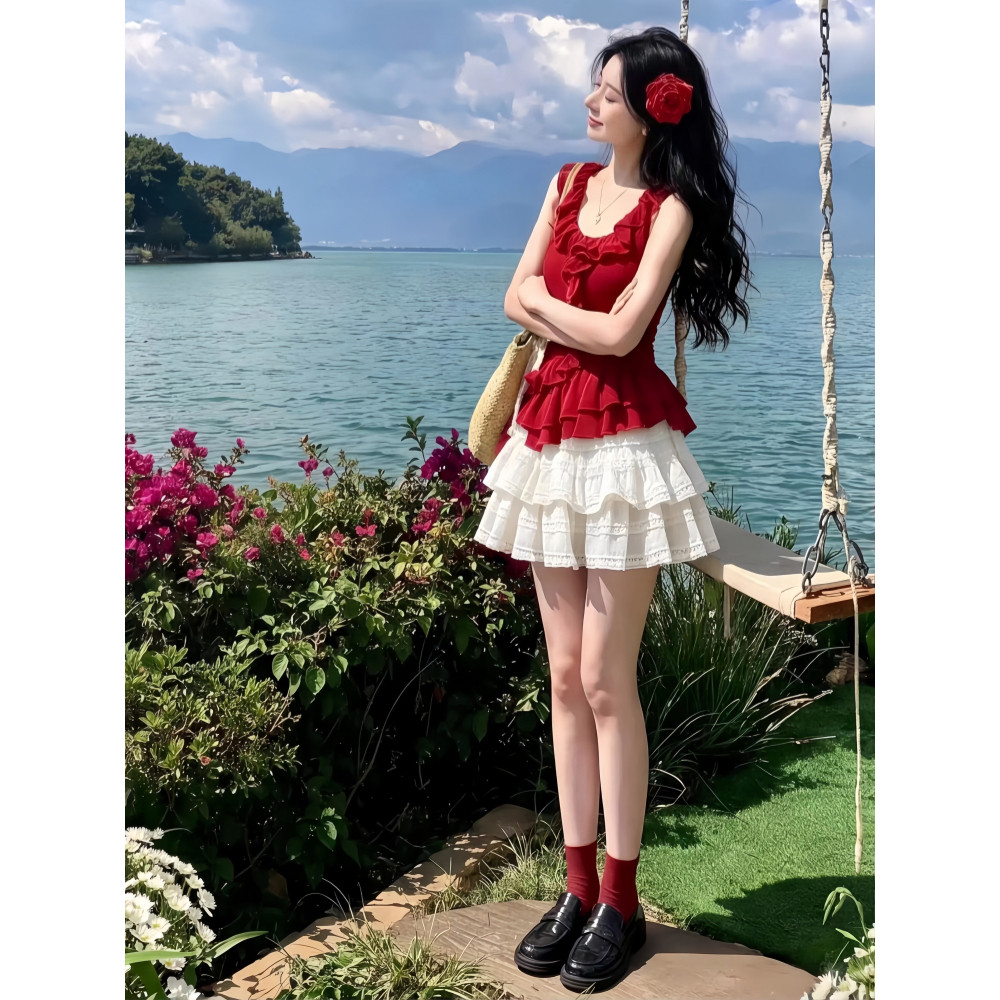 海边度假穿搭套装女2026夏装小个子超火雪纺挂脖上衣短裙一整套潮