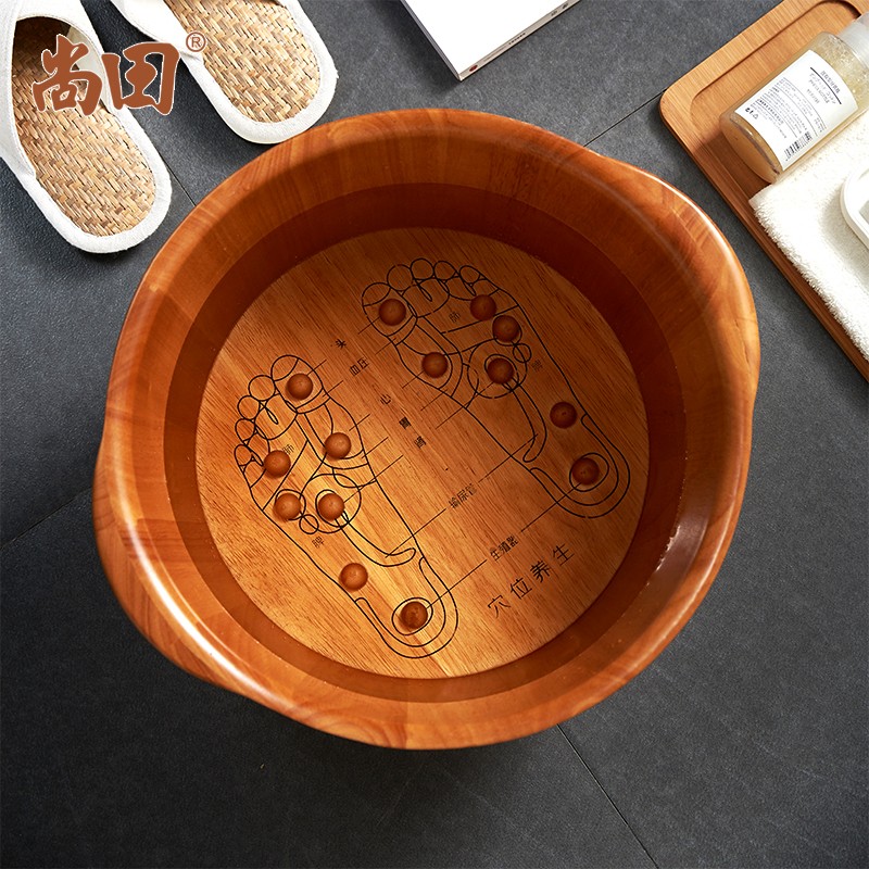 尚田家用橡木泡脚桶木桶足疗浴盆实木穴位按摩桶洗脚浴足桶木质盆