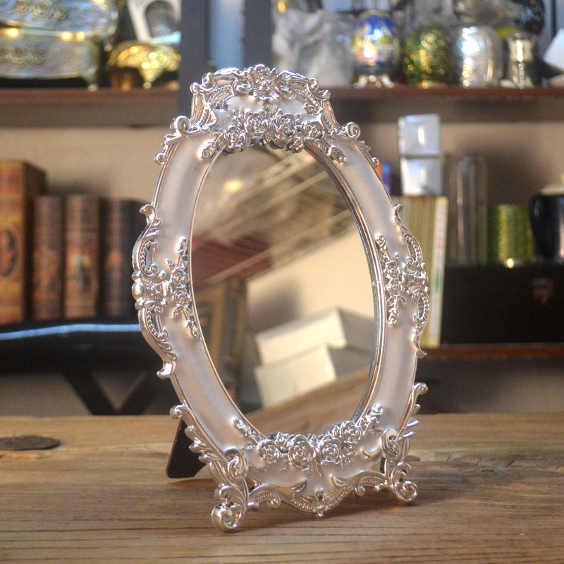 精美欧式银白色PV化梳妆公主镜少女台式桌面可爱镜子装饰用品摆件