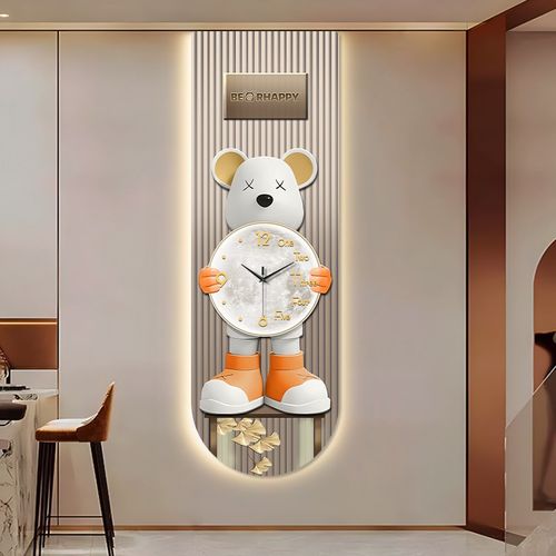潮玩暴力熊玄关装饰画钟表挂钟客厅走廊挂画奶油风创意时钟壁灯画