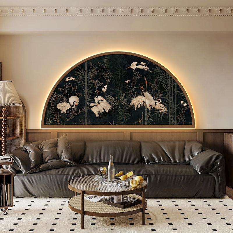 中古风墨竹客厅沙发背景墙装饰画复古led壁灯侘寂风卧室床头挂画