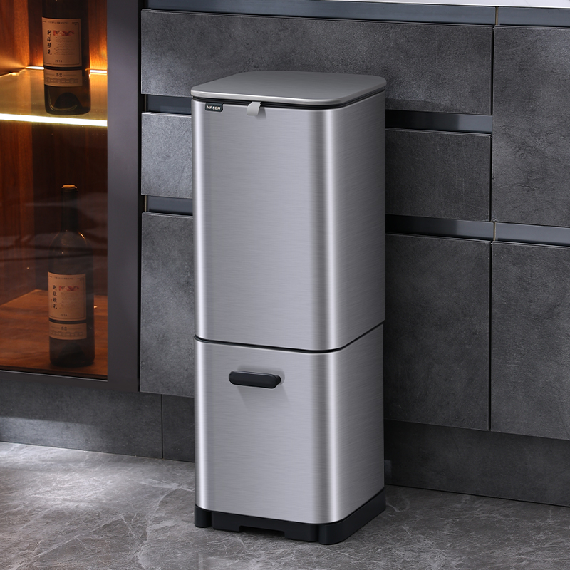 厨房分类垃圾桶家用抽拉式干湿分B离不锈钢带盖双层大号容量筒高