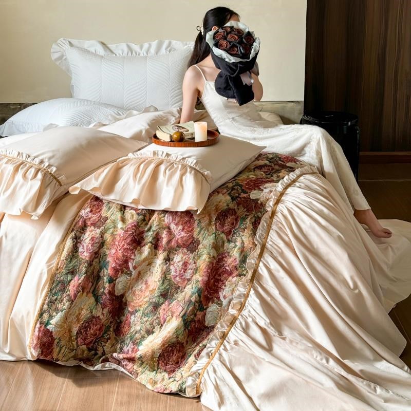 法式覆古风繁花提花全棉床上四件套100s长绒棉花边公Y主风被套床