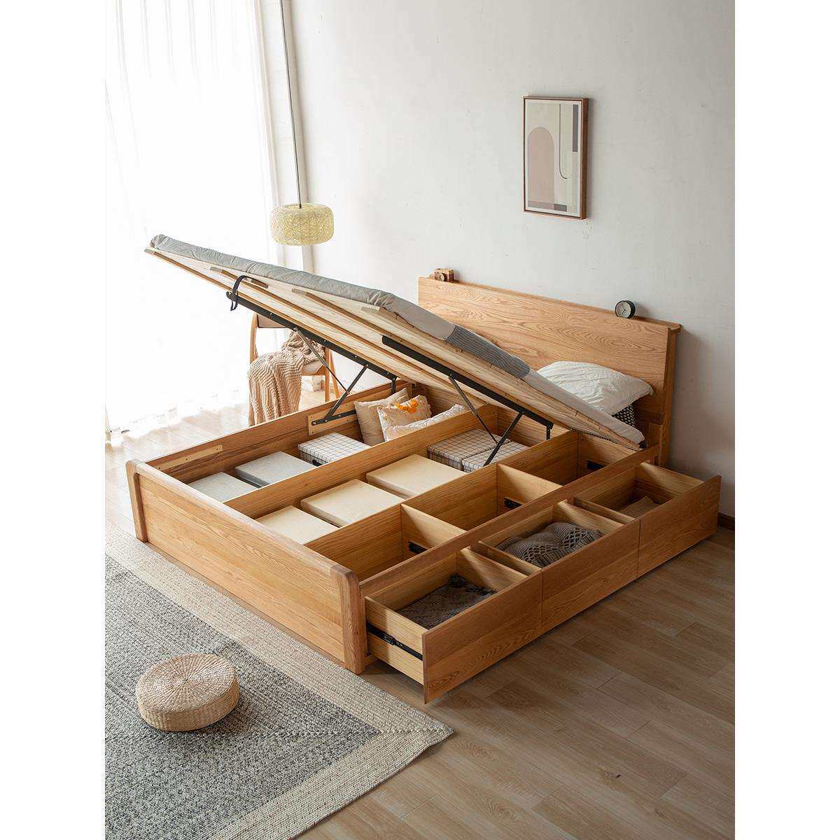 北美红橡木全实木高箱储物床现代简约抽屉床北欧日式原木气压床实