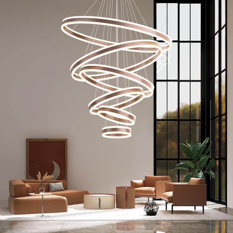 复式楼别墅挑空客厅大吊灯现代简约咖色loft公寓跃层楼中楼梯灯具