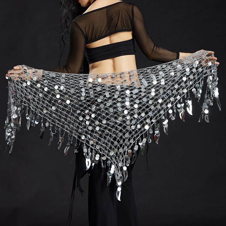 ￥%#新款肚皮舞腰链臀巾渔网亮片东方舞三角巾铜锣片流苏练习腰cx