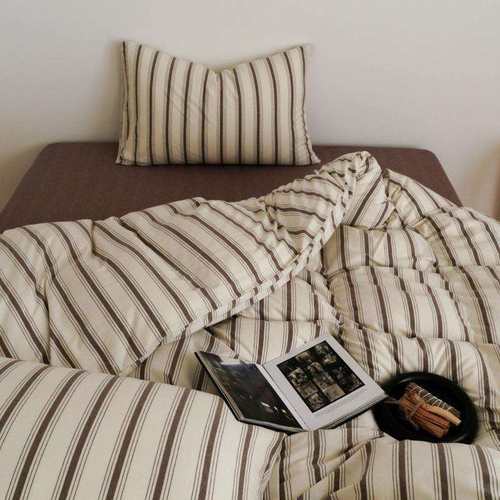 日式简约条纹A类婴幼儿全棉针织棉四件套亲肤裸睡纯棉天竺棉床笠