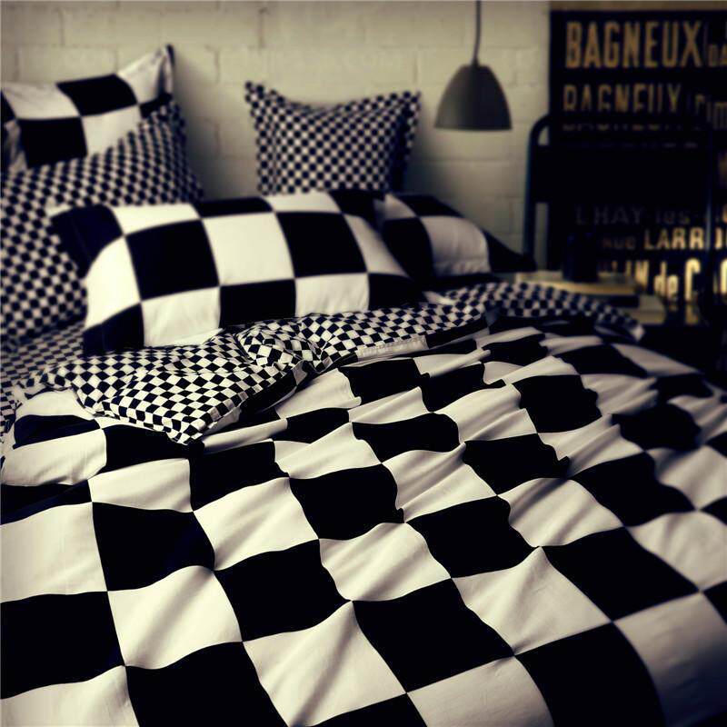 简约纯棉黑白四件套全棉格子星星四季款条纹个性床单被4件套春夏
