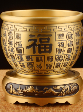 百福铜缸纯黄铜米缸聚宝盆摆件客厅家居招财进宝缸特大号财存钱罐