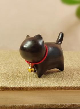 可爱卡通檀木萌宠猫咪桌面小摆件手工雕刻招财猫定制刻字礼物礼品