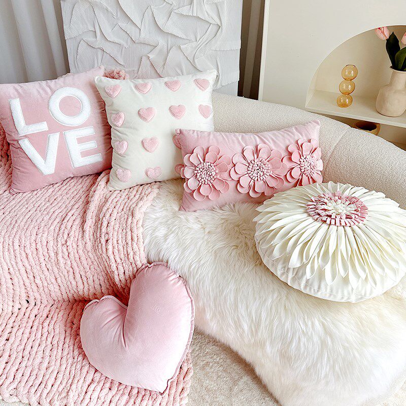 2023新款粉色网红奶油风花朵抱枕组合法式靠背枕沙发客厅靠垫套