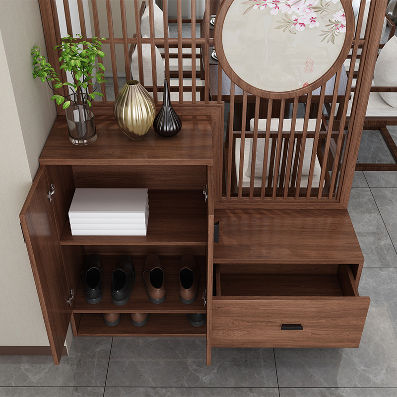 新中式定制实木门口玄关柜座屏遮挡屏风隔断客厅圆形换鞋凳花鸟