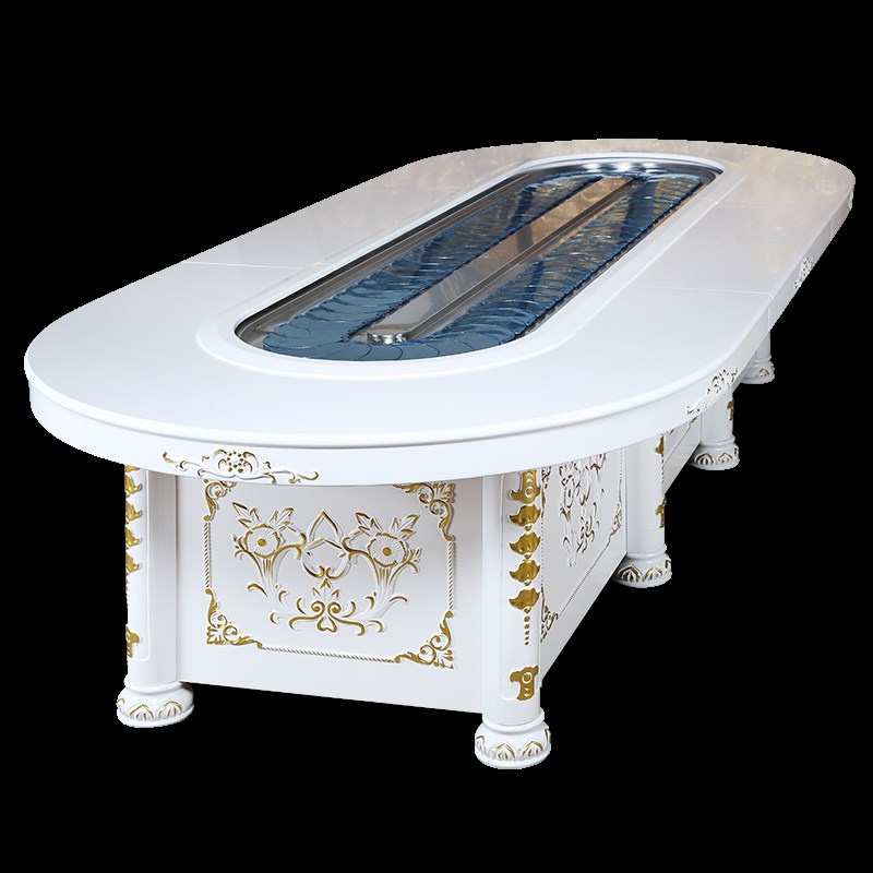 白色欧式椭圆传送带餐桌 遥控电动餐桌 长方形自动旋转火锅桌