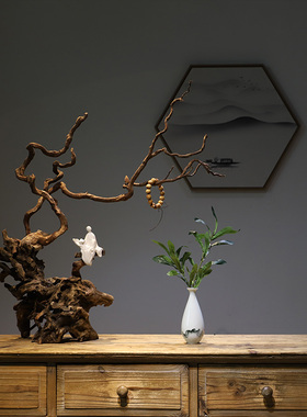 枯木风化根雕新中式禅意桌面摆件玄关电视柜边几茶桌创意家居装饰