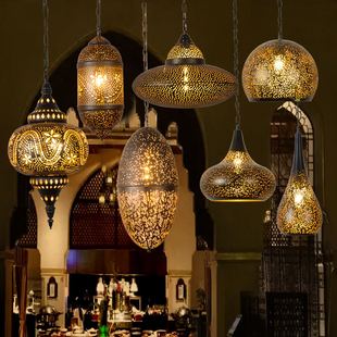 镂空吊灯复古铁艺工业风单头金色雕刻装 餐厅吊灯饭店灯 饰新疆风格