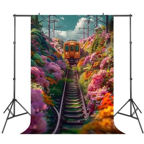 新款春季鲜花轨道火车风景室内摄影背景布影楼影棚摄影数码写真布