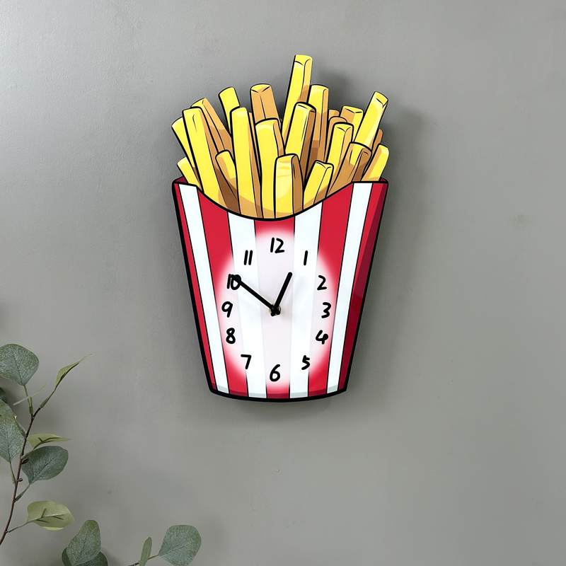 薯条创意卡通时钟披萨快餐炸鸡店装饰钟表家用静音免打孔个性挂钟